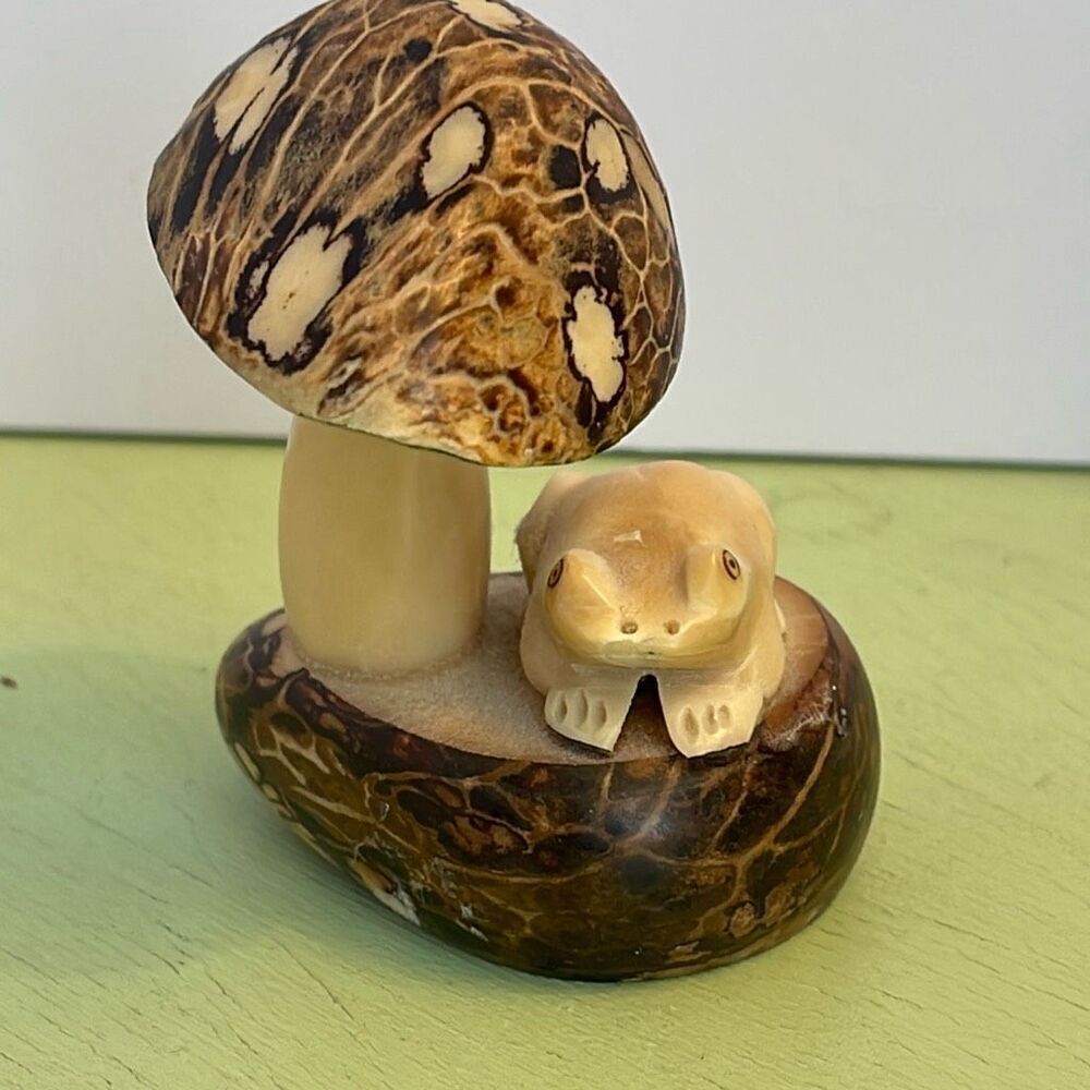 Tagus Nut mushroom and frog craved figurine. Sustainably eco friendly
